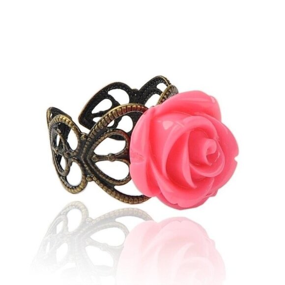 Lacy Bronze Victorian Style Pink Rose Flower Lucite Cabochon Adjustable Ring - Picture 1 of 3